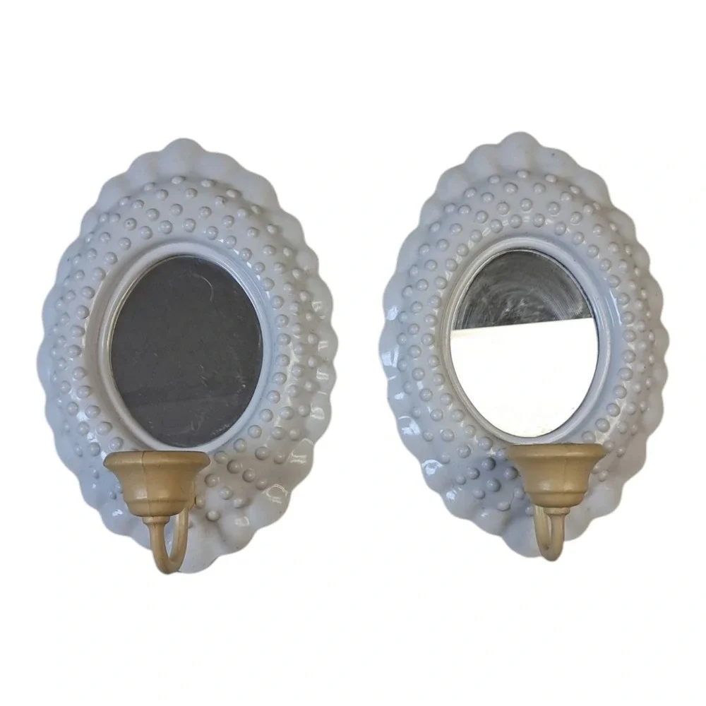 Vtg 1985 Burwood White Hobnail Oval Mirror W/Sconce #2717 Wall Decor PreownedX2